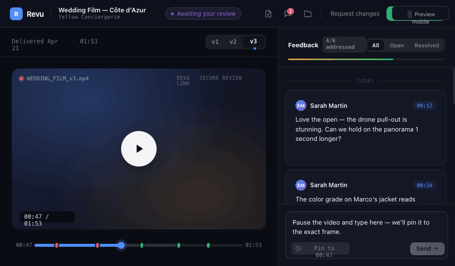 The Revu review screen showing the video player with timestamped feedback on the right